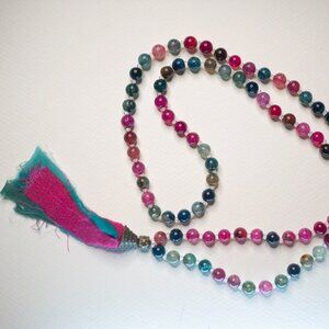 Multicolor Tourmaline (?) Mala Necklace 108 Beads Silk Sari Tassel Meditation